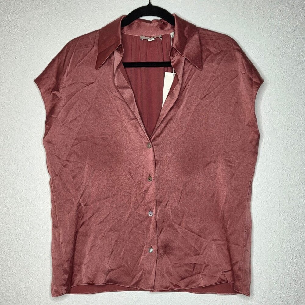Nwt Vince Women's Silk Cap-Sleeve Ruched-Back Blouse, Peony Wood